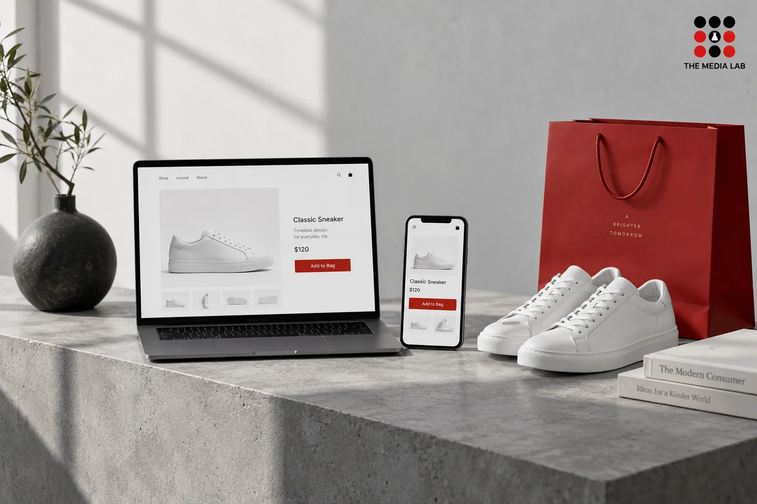 Minimal online shop displayed on desktop and phone beside a red shopping bag — The Media Lab editorial illustration.