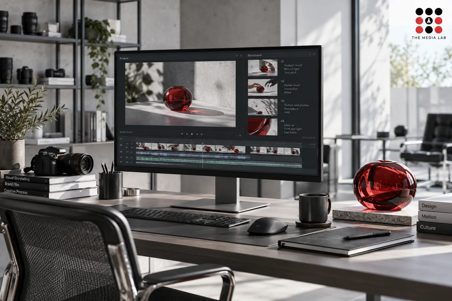Editing monitor and red glass product concept — AI video marketing illustration for The Media Lab.