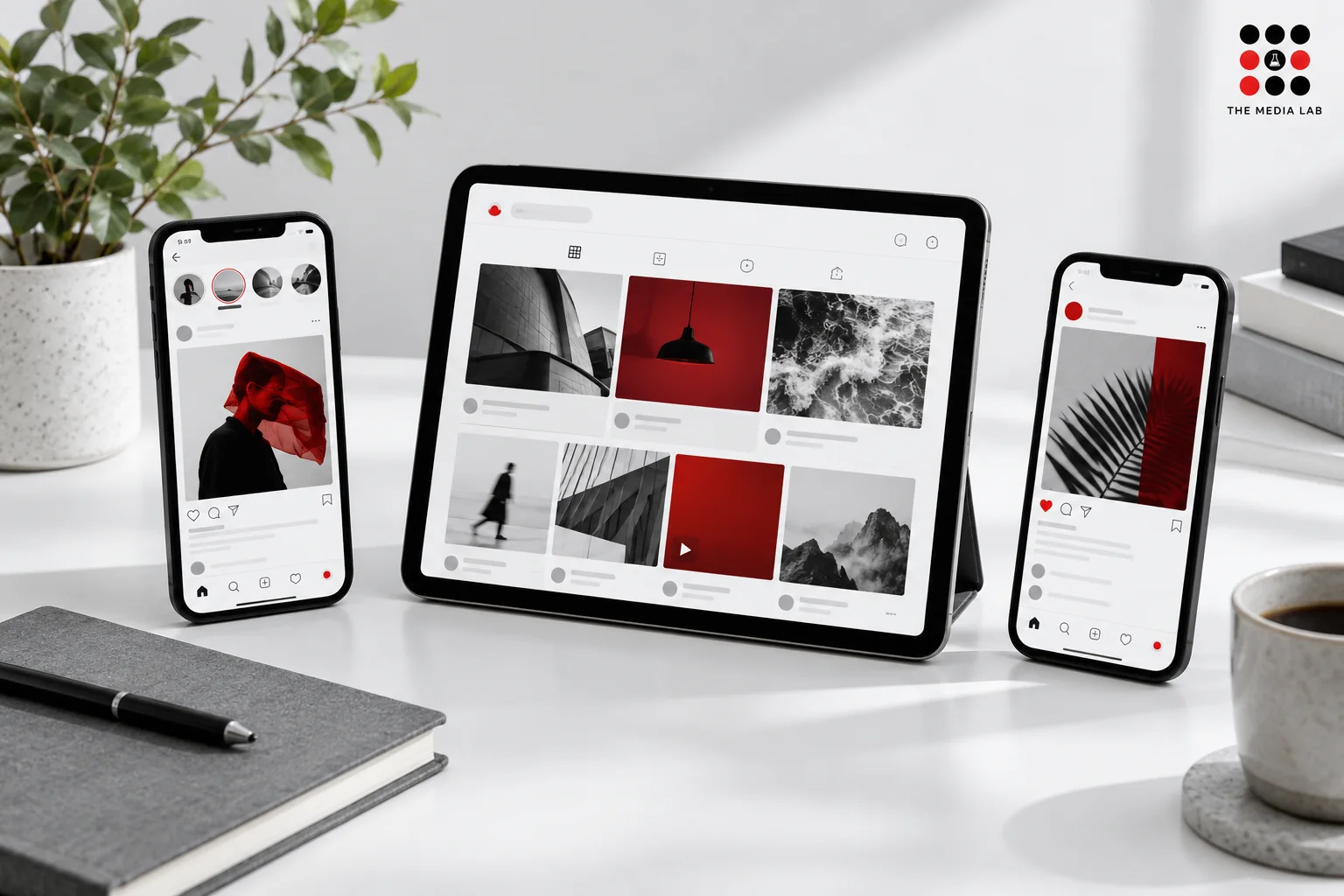 Phones and a tablet with abstract social feeds — social media planning illustration for The Media Lab.