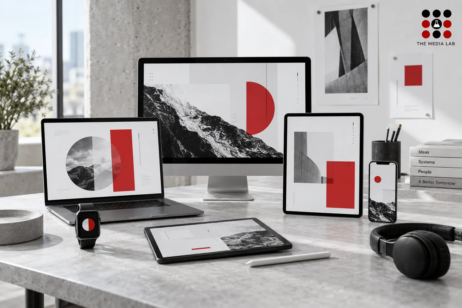Seven abstract device screens in a white and red editorial composition — platform planning illustration for The Media Lab.