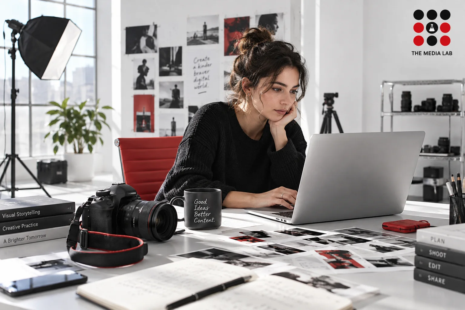 Creator preparing a portfolio beside a camera and red chair — creator career illustration for The Media Lab.