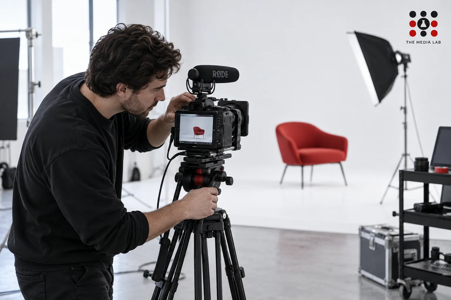 Video producer checking camera and microphone before a shoot — production planning illustration for The Media Lab.