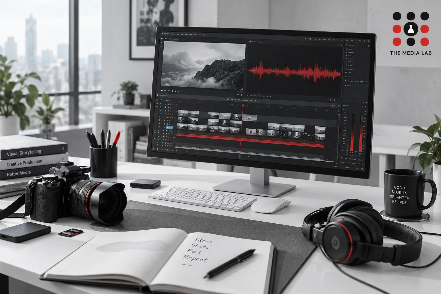 Camera and headphones beside an abstract editing timeline — AI video tools illustration for The Media Lab.