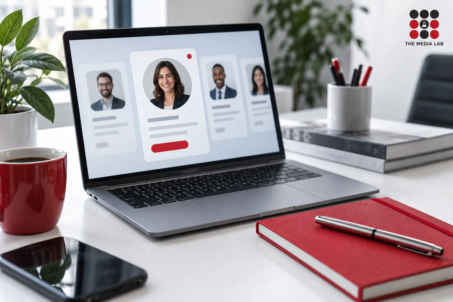 Laptop and professional profile cards beside a red notebook — LinkedIn editorial illustration for The Media Lab.
