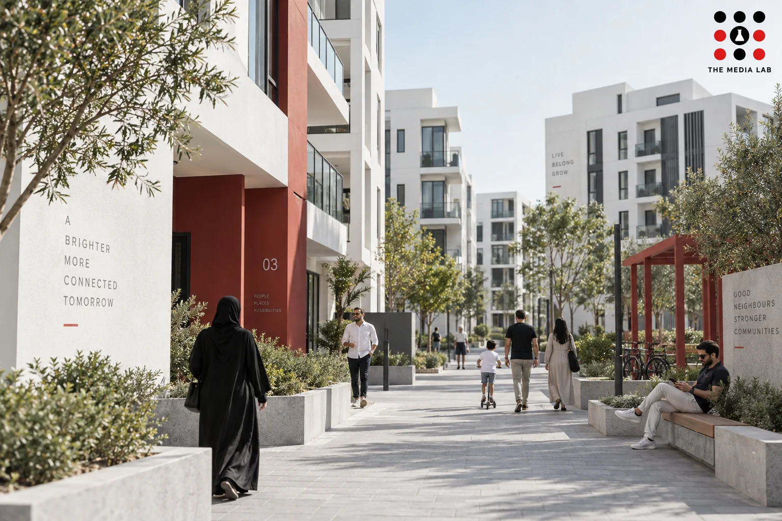 Contemporary residential neighbourhood with pedestrians — UAE population editorial illustration for The Media Lab, not a statistical map.