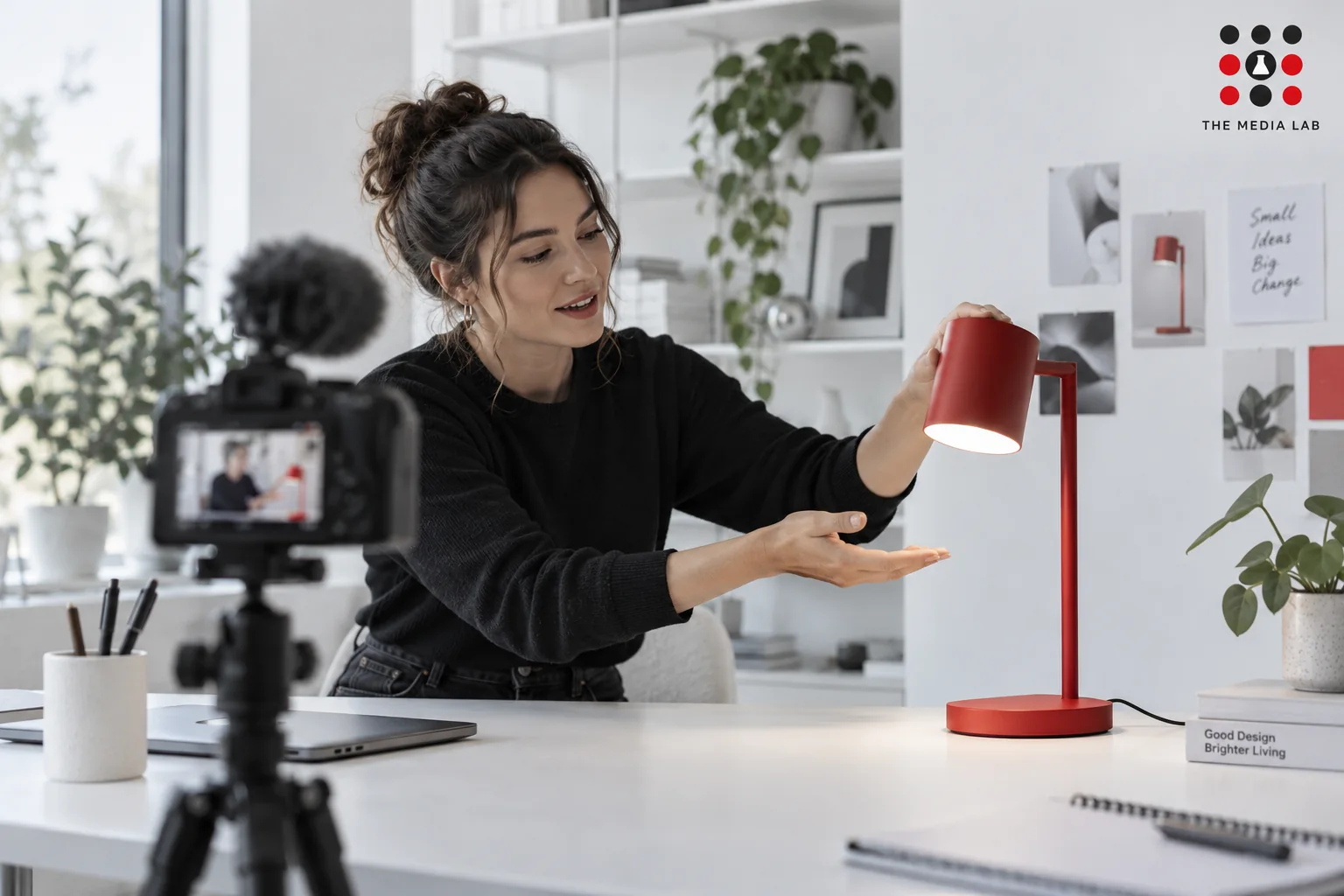 Creator filming a red desk lamp demonstration — UAE TikTok campaign illustration for The Media Lab.