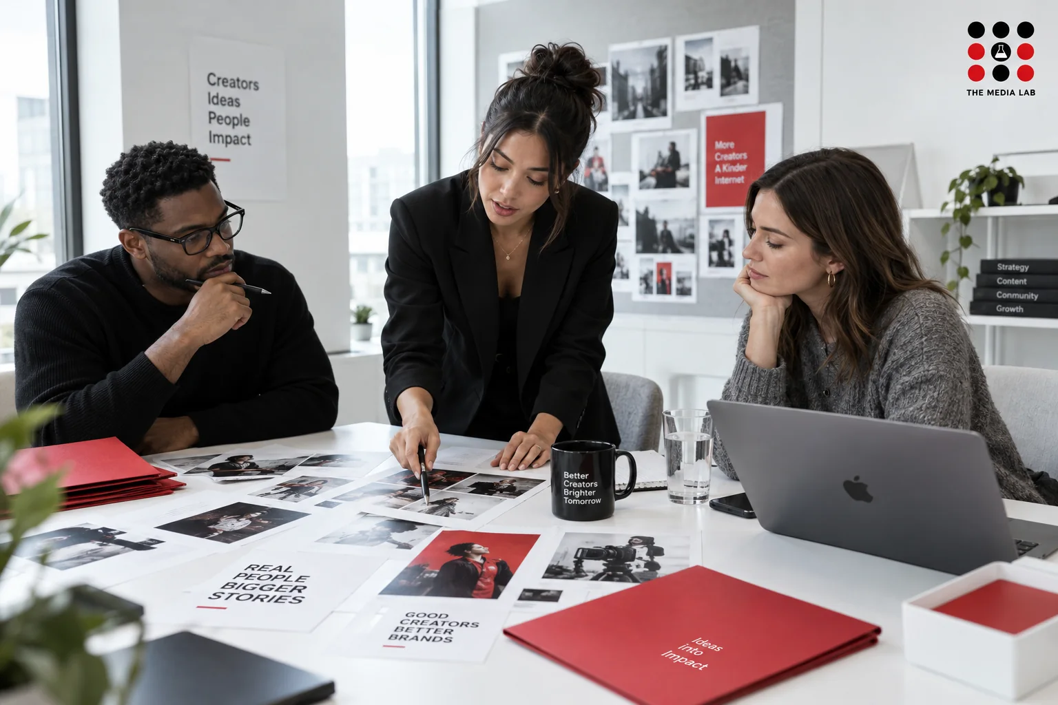 Brand team reviewing creator campaign materials — Dubai influencer economy illustration for The Media Lab.