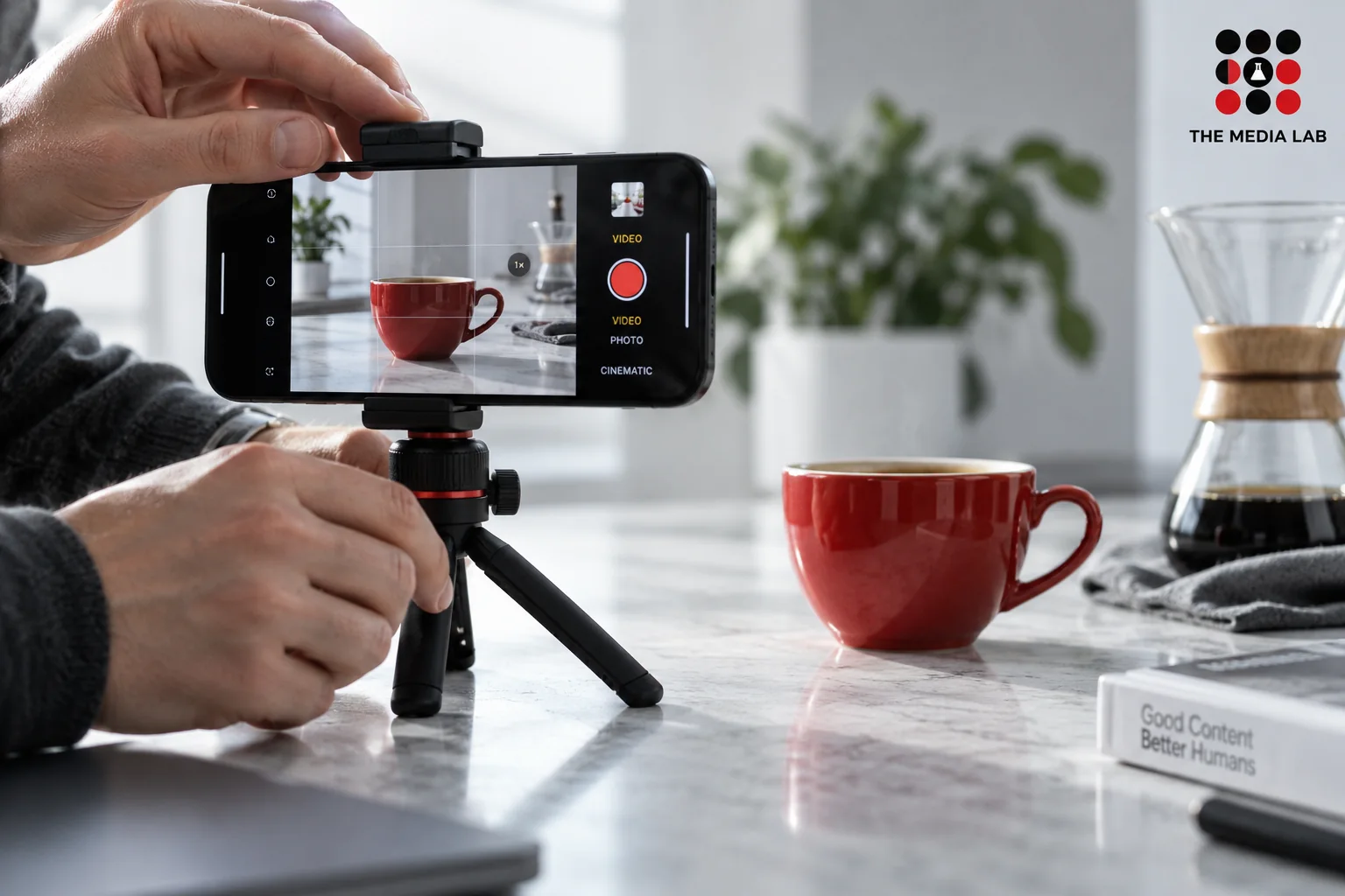 Phone tripod filming a red coffee cup — short video ideas illustration for The Media Lab.
