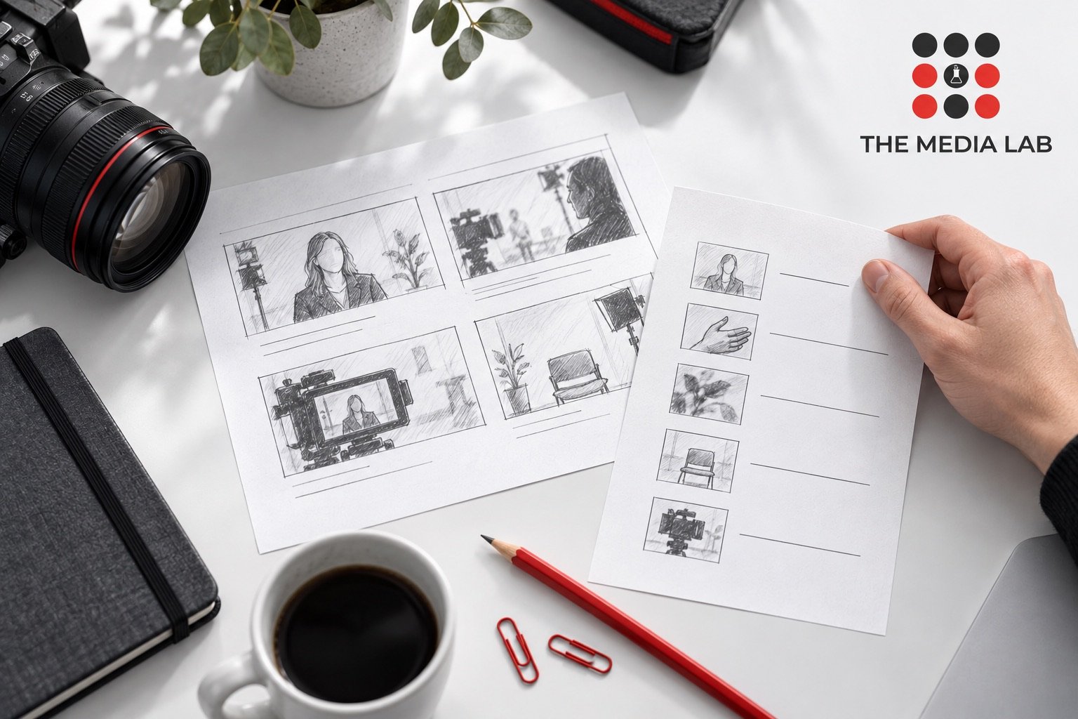 Camera and interview storyboard on a desk illustrating a video production brief.