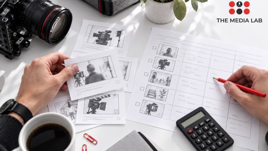 Hands planning a video shoot with shot-list cards, a camera and calculator.