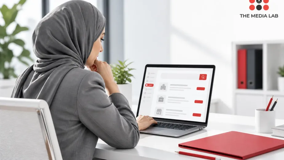 Professional researching a business directory, illustrated for The Media Lab’s top Bahrain websites guide