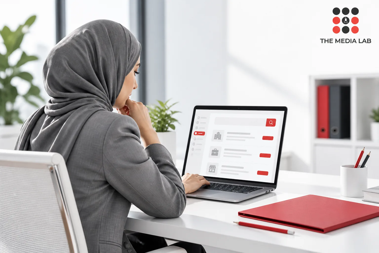 Professional researching a business directory, illustrated for The Media Lab’s top Bahrain websites guide