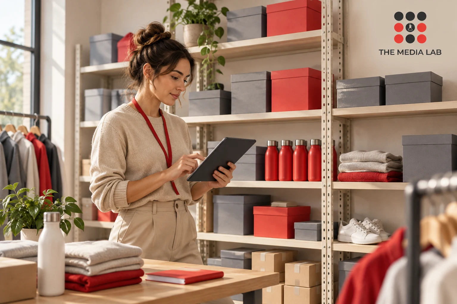 Retail manager reviewing stock on a tablet, illustrating data-informed retail planning for The Media Lab.