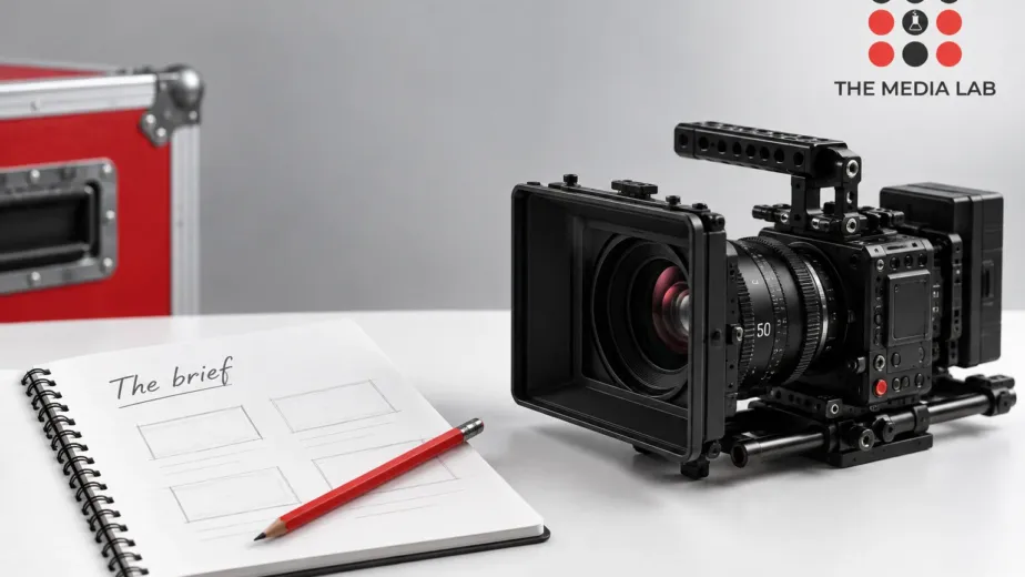 Cinema camera beside a shot-planning notebook for The Media Lab’s corporate video production guide.