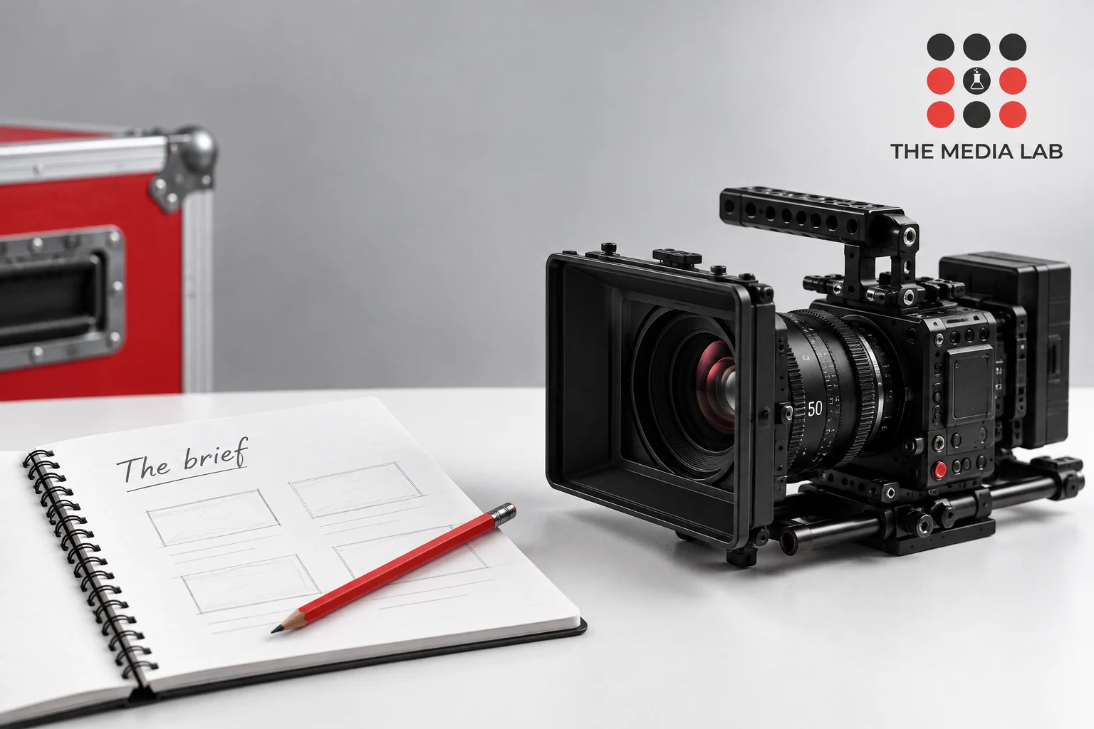 Cinema camera beside a shot-planning notebook for The Media Lab’s corporate video production guide.