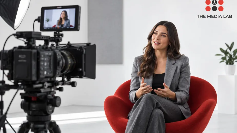 Camera filming a seated interview, illustrating corporate video production for The Media Lab’s engagement guide.