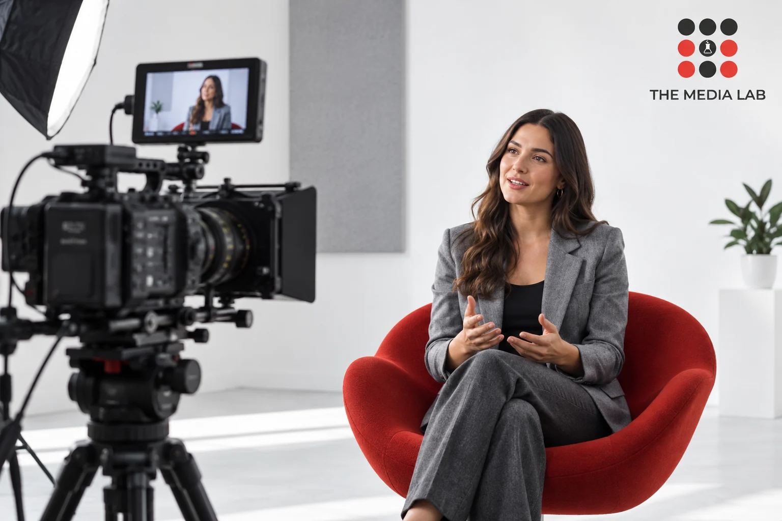 Camera filming a seated interview, illustrating corporate video production for The Media Lab’s engagement guide.