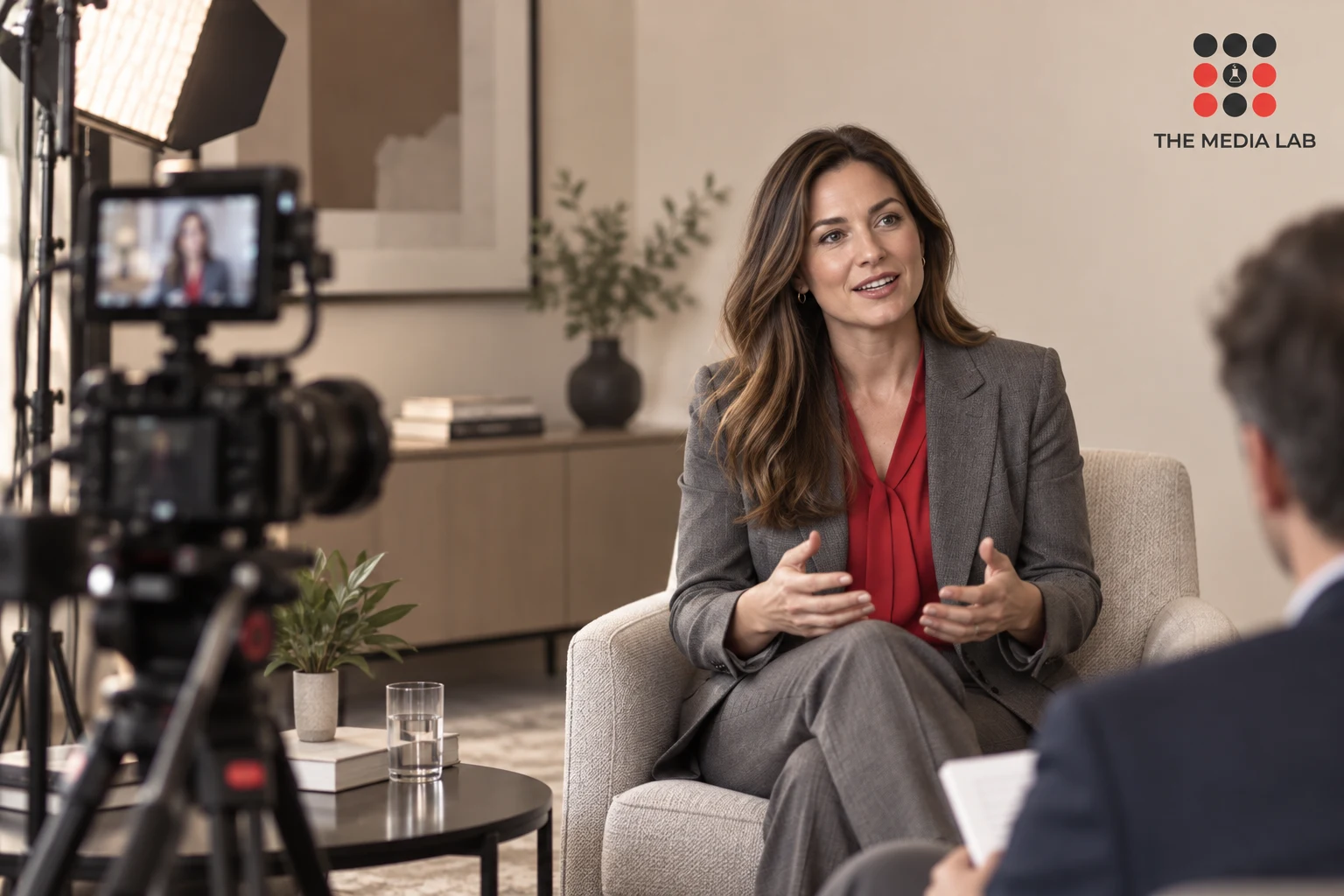 Business spokesperson being filmed for an interview, illustrating corporate video production and marketing for The Media Lab.