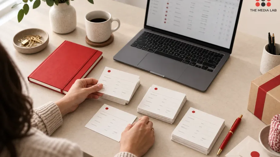 Business owner organising anonymous customer records beside a laptop, illustrating customer data quality for The Media Lab.