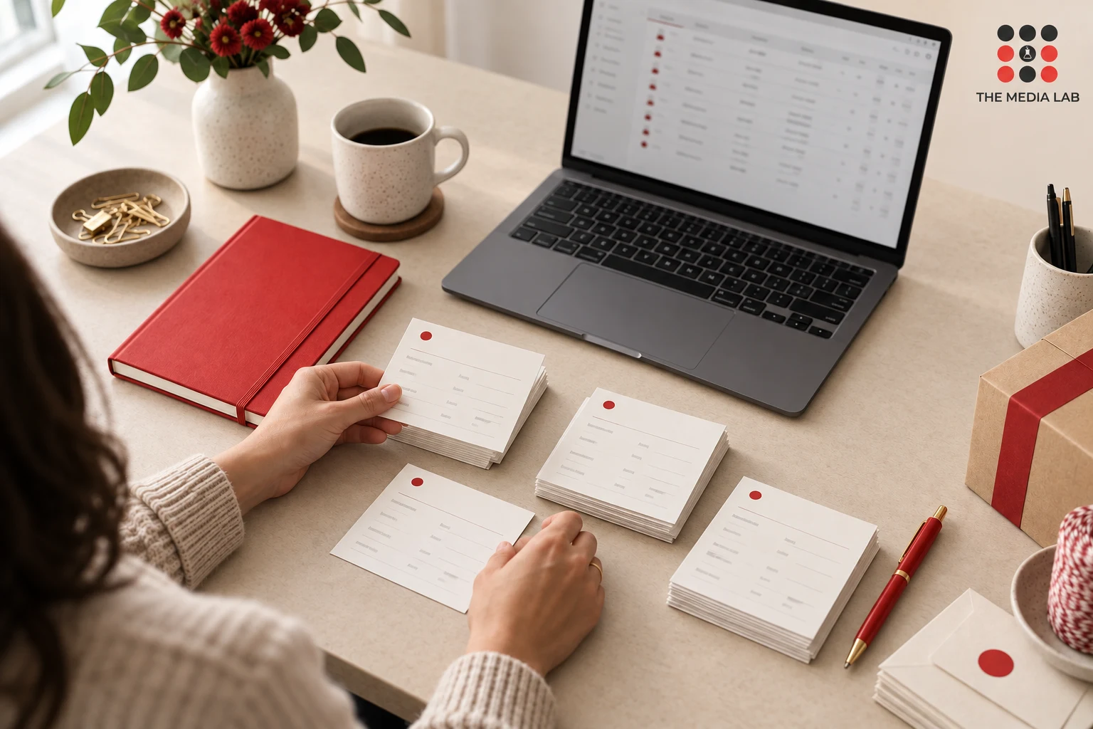 Business owner organising anonymous customer records beside a laptop, illustrating customer data quality for The Media Lab.
