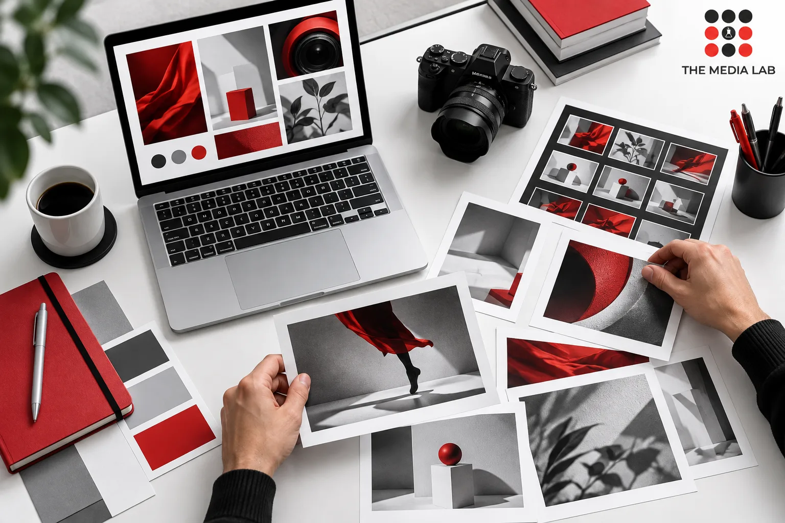 Campaign moodboard, camera and printed visuals illustrating digital content planning for The Media Lab.