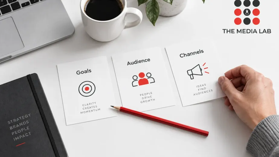 Goals, audience and channels planning cards for The Media Lab’s digital marketing strategy guide.