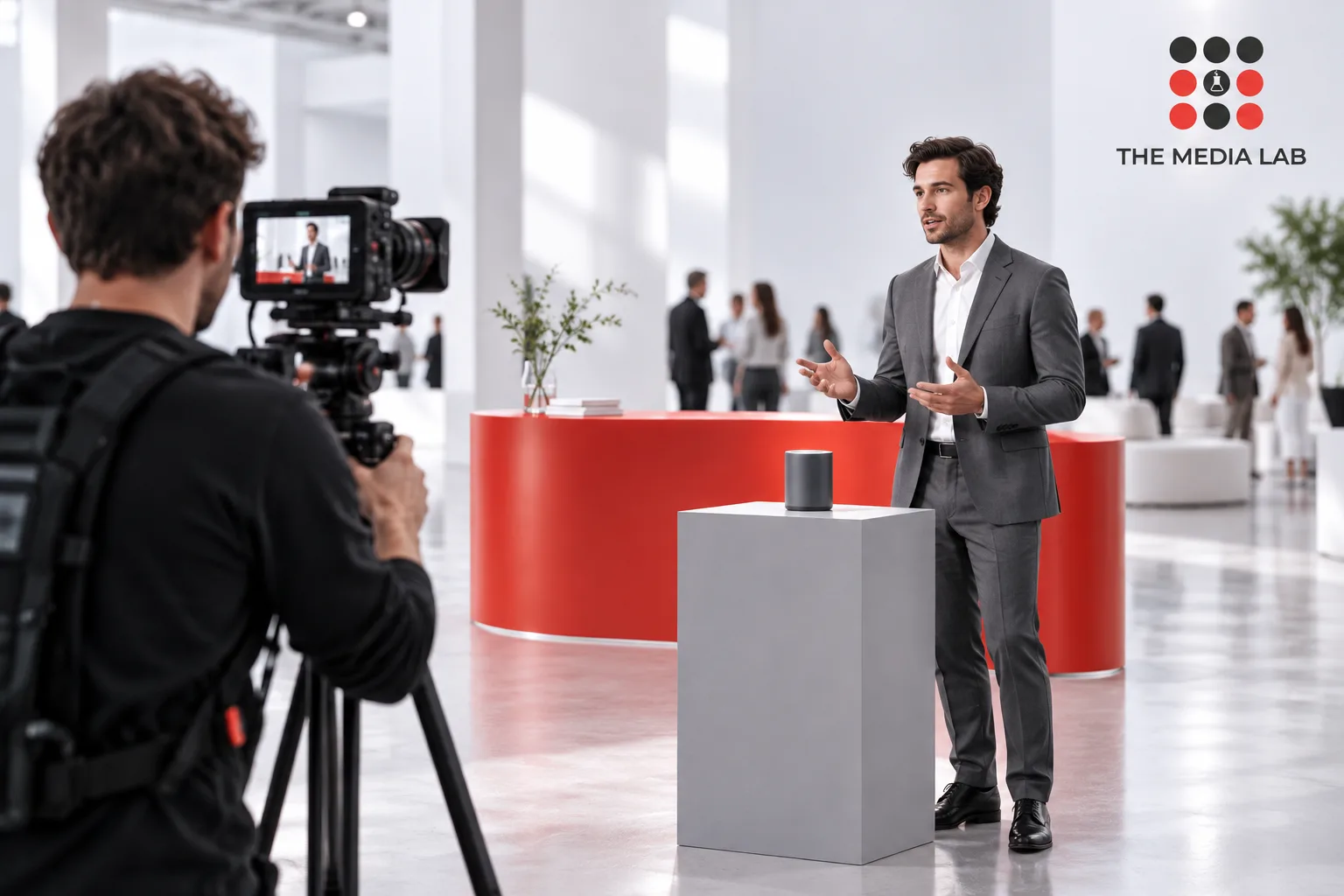 Camera operator filming an exhibition presenter, illustrating event video production for The Media Lab.