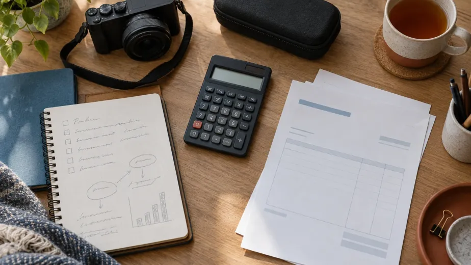 Camera, calculator and planning notebook on a creator’s desk, illustrating influencer income and production costs for The Media Lab.