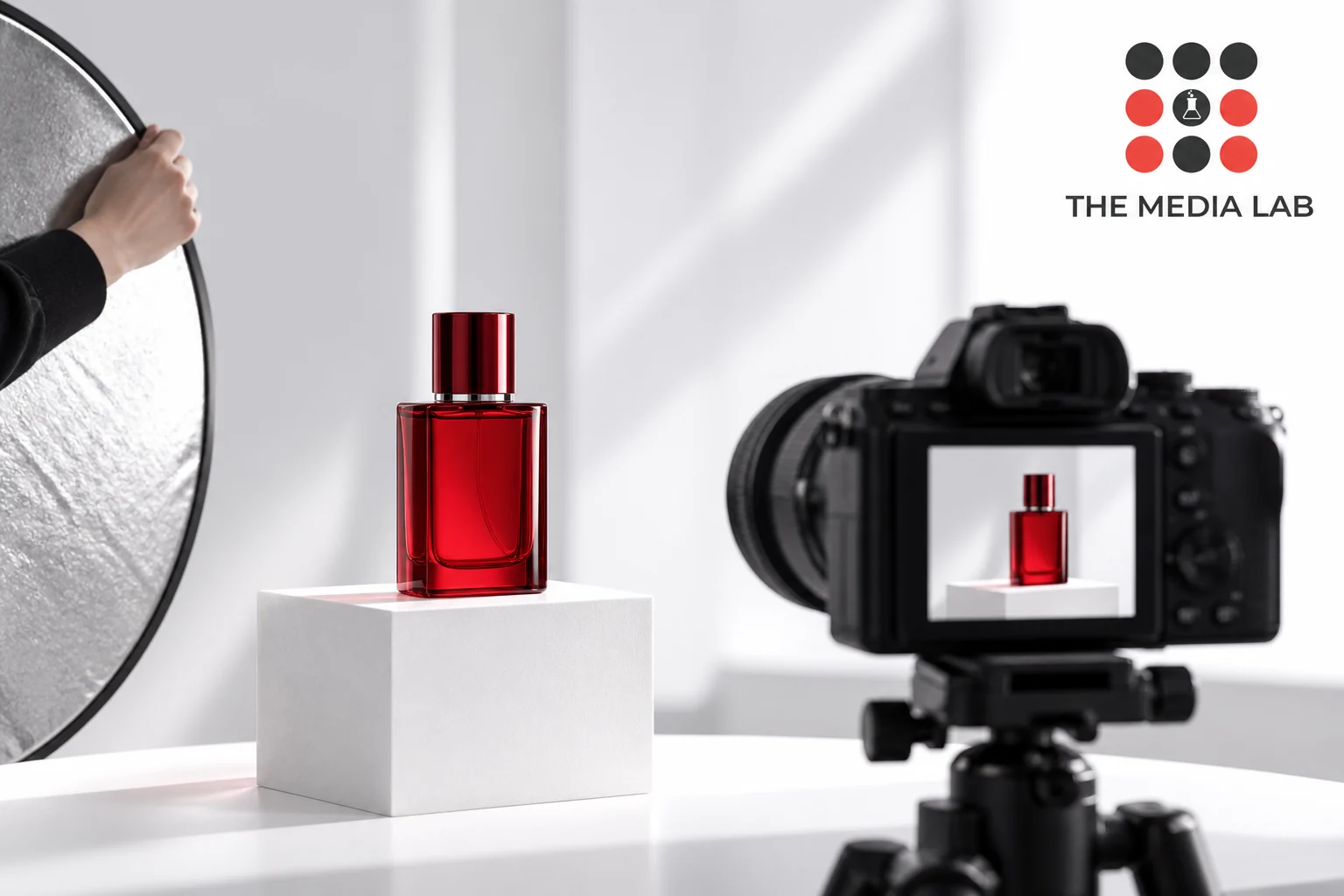 Camera photographing a red perfume bottle for The Media Lab’s Dubai social media campaign planning guide.