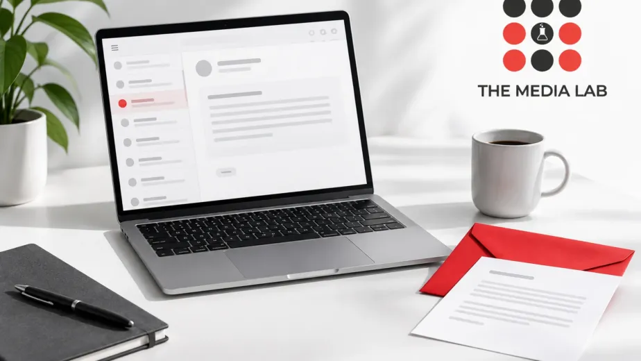 Laptop and red envelope illustrating The Media Lab’s email marketing strategy guide.