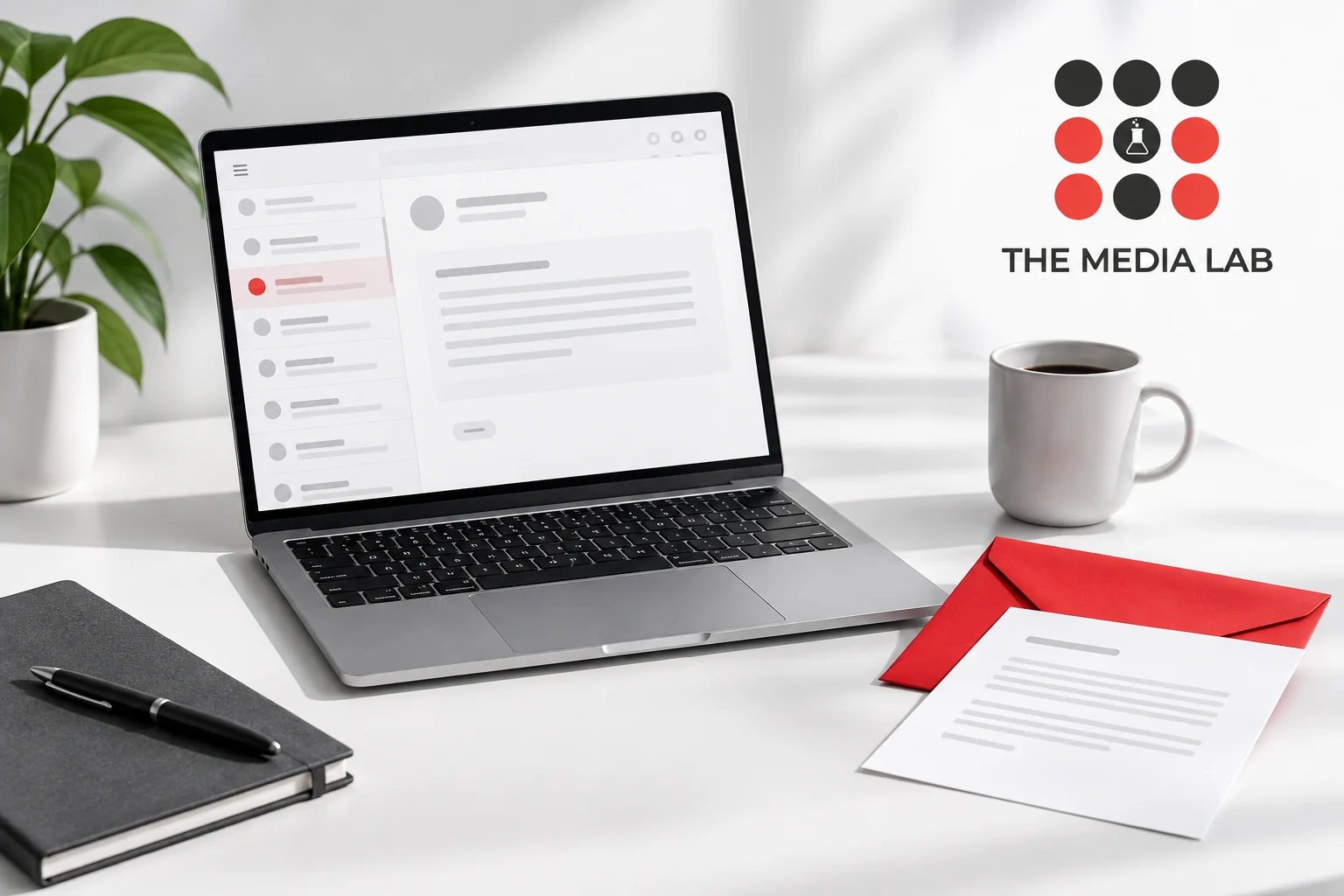 Laptop and red envelope illustrating The Media Lab’s email marketing strategy guide.