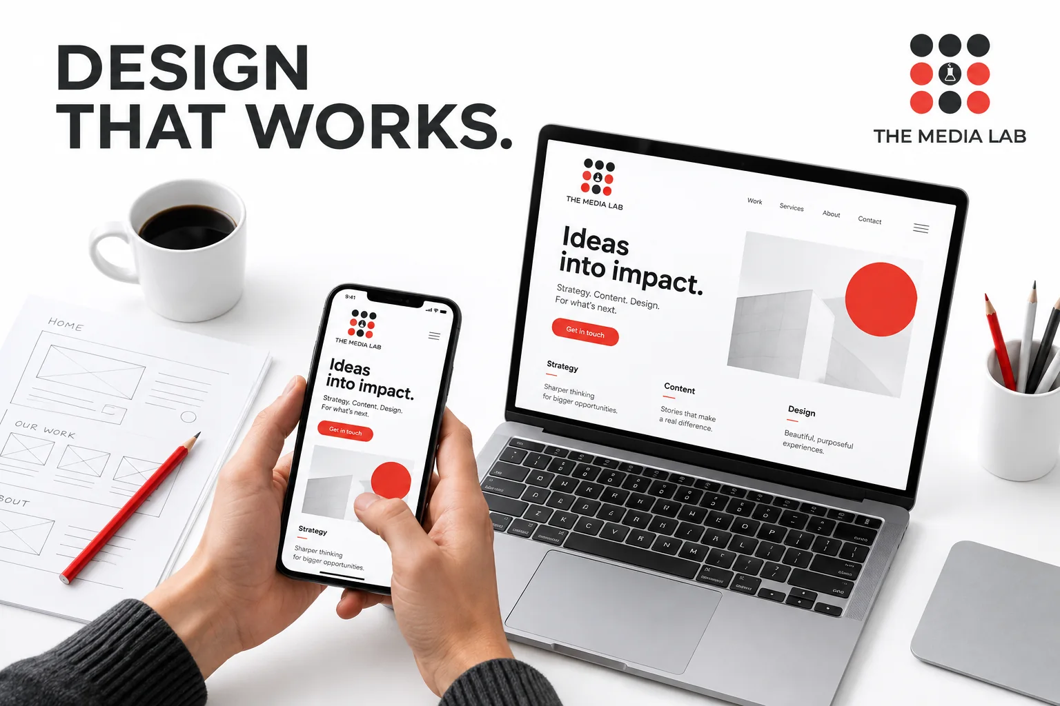 Responsive website concept on a laptop and phone illustrating The Media Lab’s guide to good web design in Dubai.
