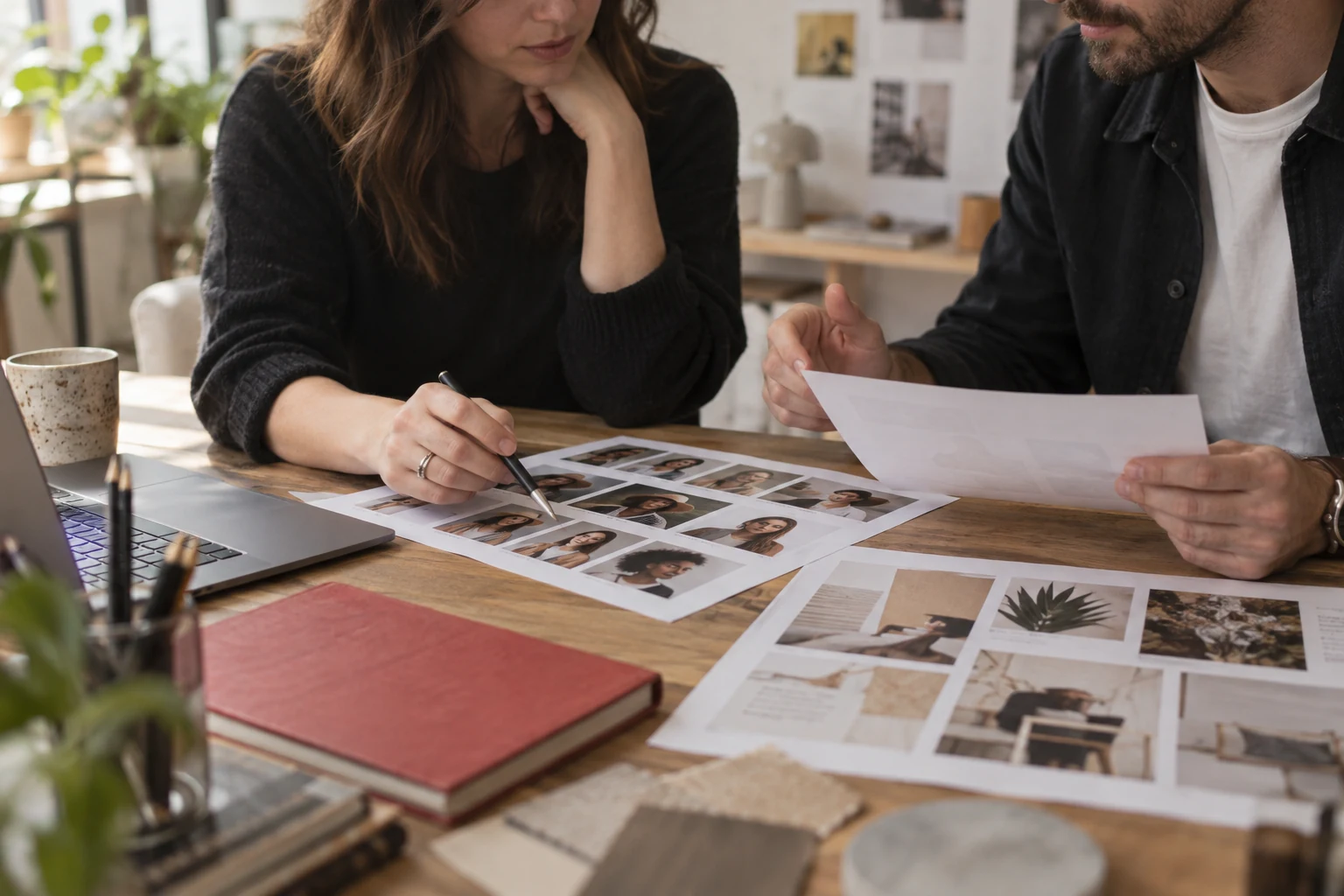 Marketing team reviewing creator profiles and a campaign mood board, illustrating influencer selection for The Media Lab.