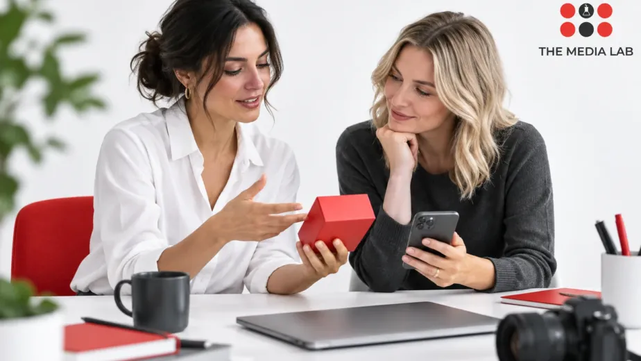 Two professionals discussing product content for The Media Lab’s guide to influencer brand collaborations in the UAE.