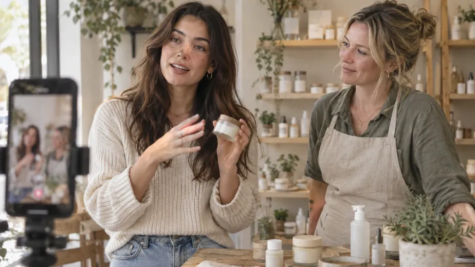 Creator demonstrating a product beside a shop owner, illustrating a brand collaboration for The Media Lab’s influencer marketing guide.