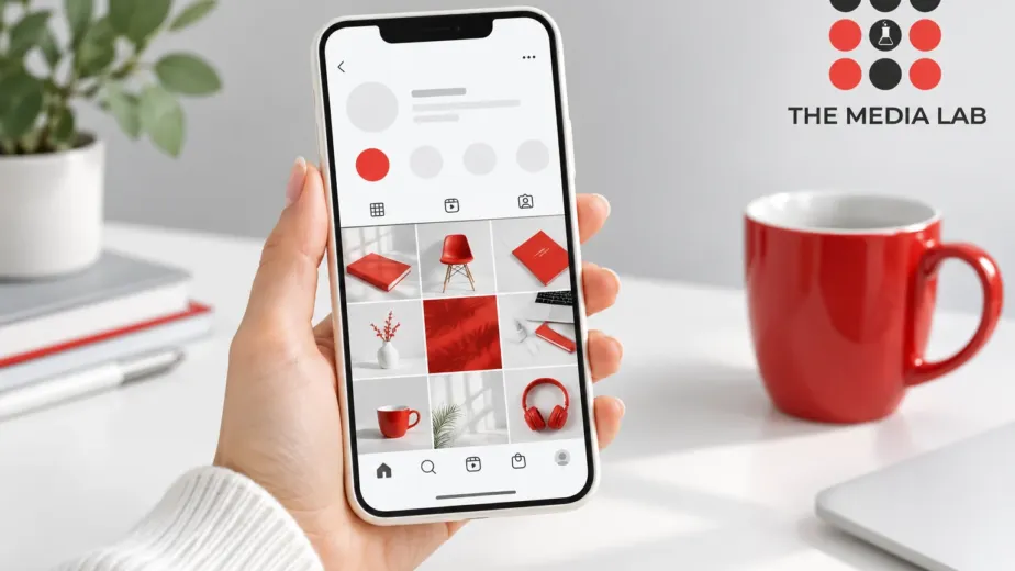 Phone displaying a red and white content grid for The Media Lab’s Instagram marketing checklist.