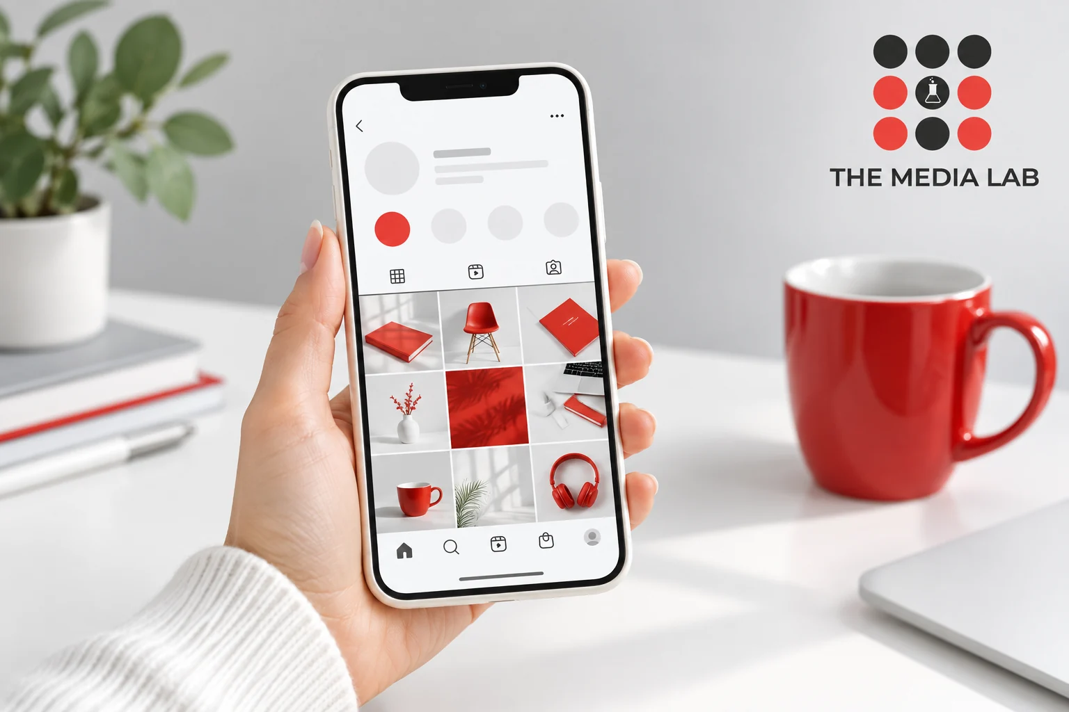 Phone displaying a red and white content grid for The Media Lab’s Instagram marketing checklist.
