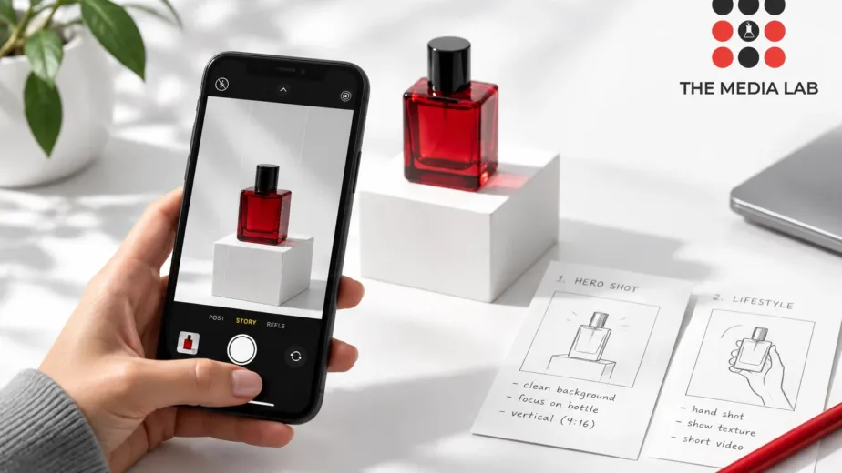 Smartphone framing a red perfume bottle with storyboard cards for The Media Lab’s Instagram Stories marketing guide.