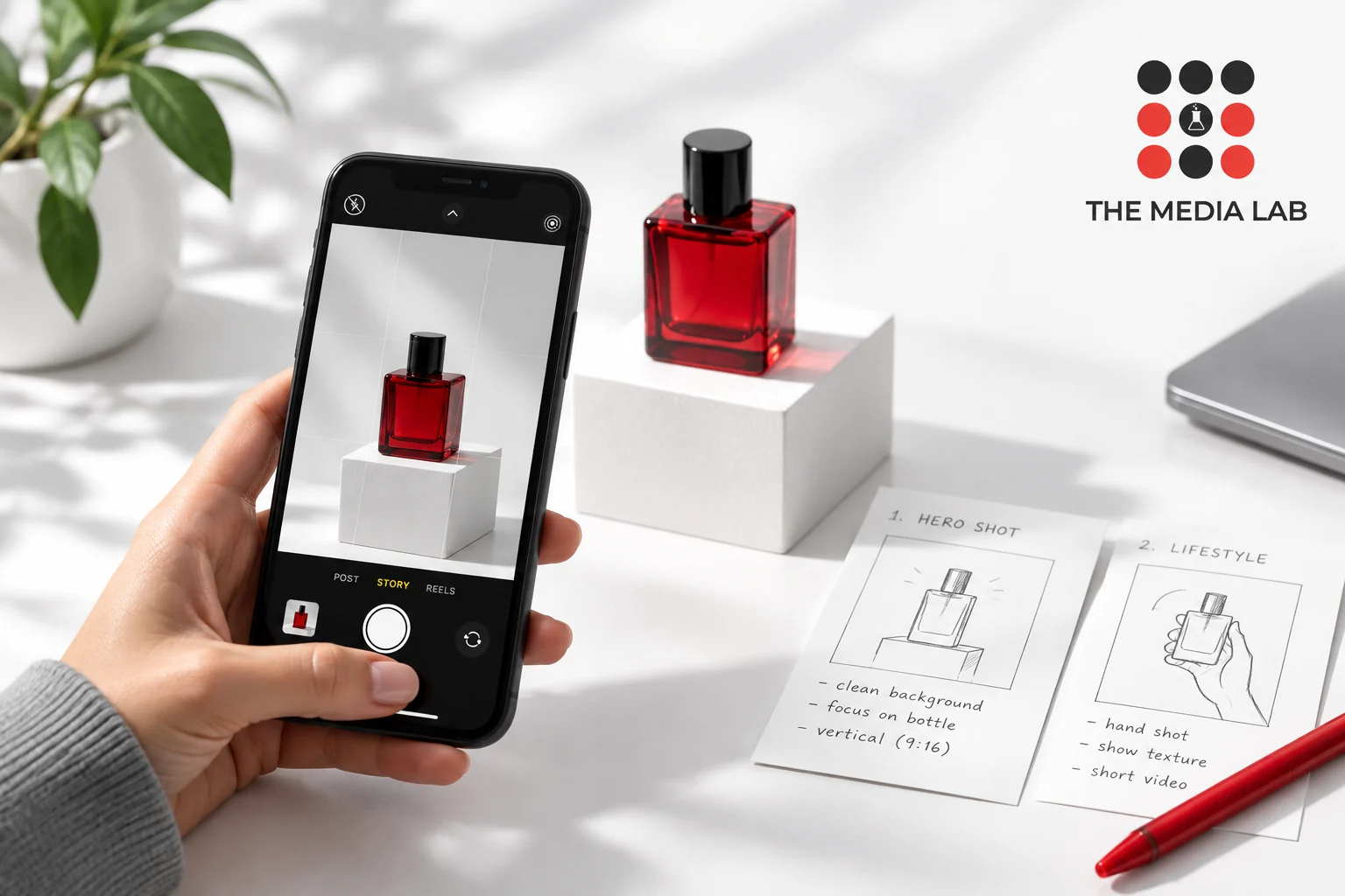 Smartphone framing a red perfume bottle with storyboard cards for The Media Lab’s Instagram Stories marketing guide.