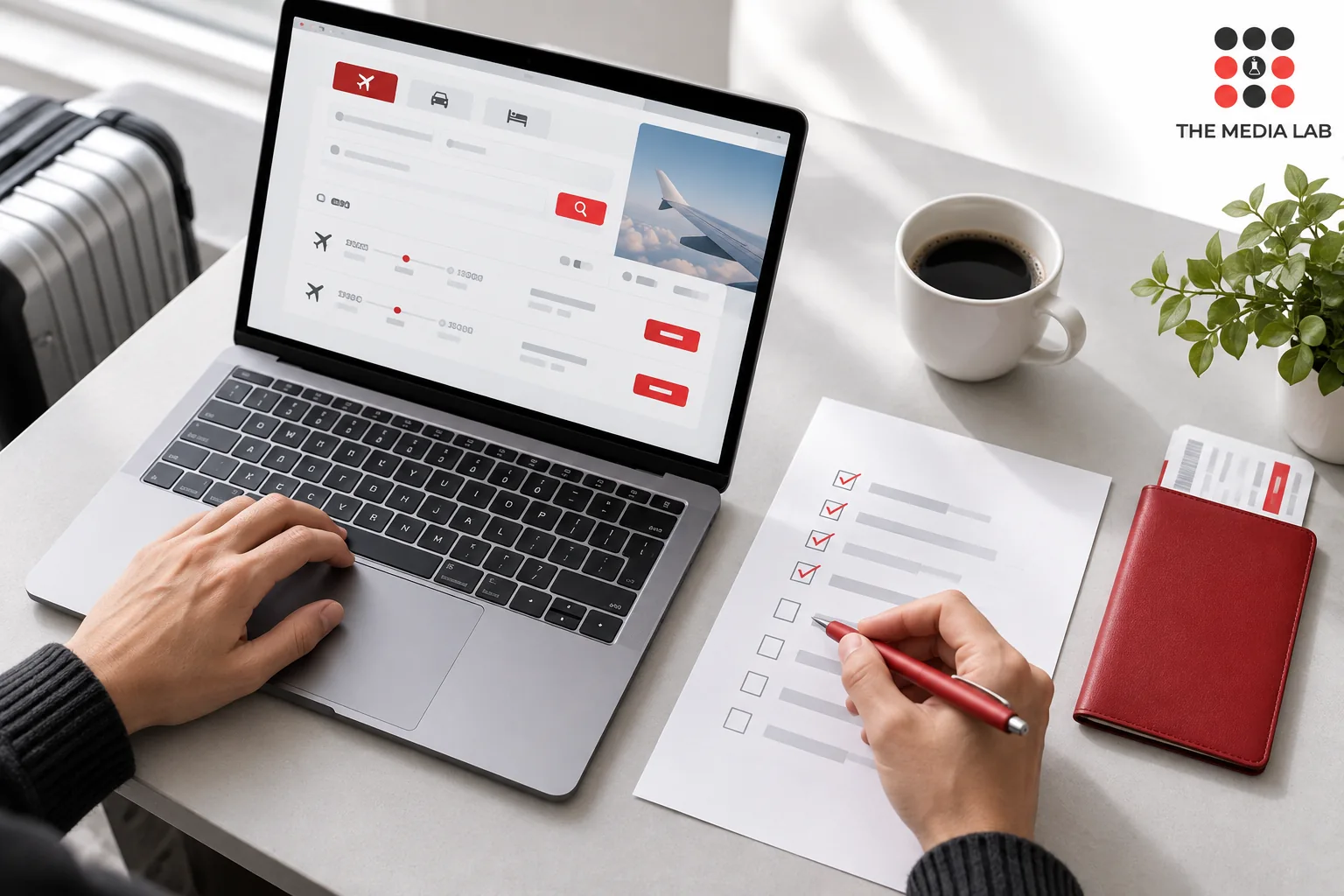 Travel research on a laptop beside a checklist, illustrated for The Media Lab’s Kuwait websites guide