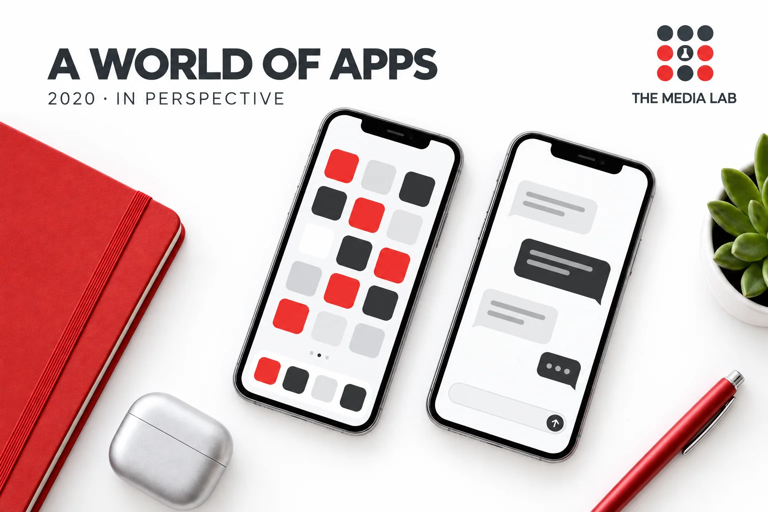Smartphones with app tiles and chat bubbles illustrating The Media Lab’s review of worldwide app usage in 2020.