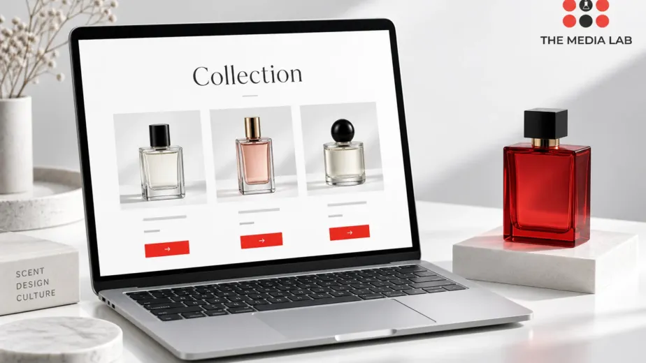 Concept laptop display and red perfume bottle illustrating luxury website design by The Media Lab.