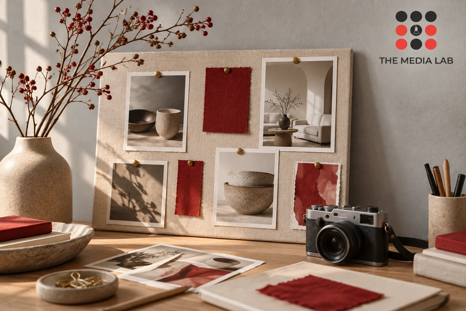 Mood board with product photographs and red fabric swatches, illustrating Pinterest content planning for The Media Lab.