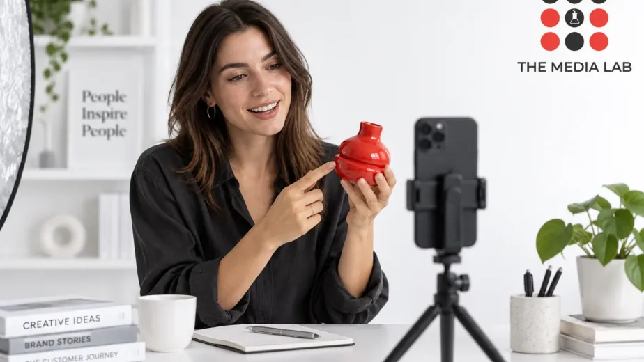 Creator demonstrating a red vase to a smartphone for The Media Lab’s influencer marketing guide.