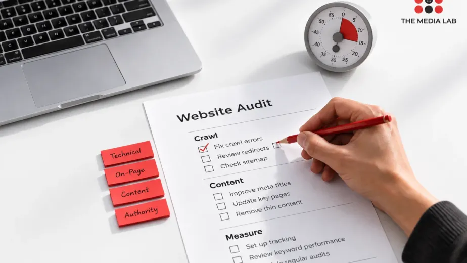 Website audit checklist with red notes illustrating SEO planning for UAE businesses by The Media Lab.