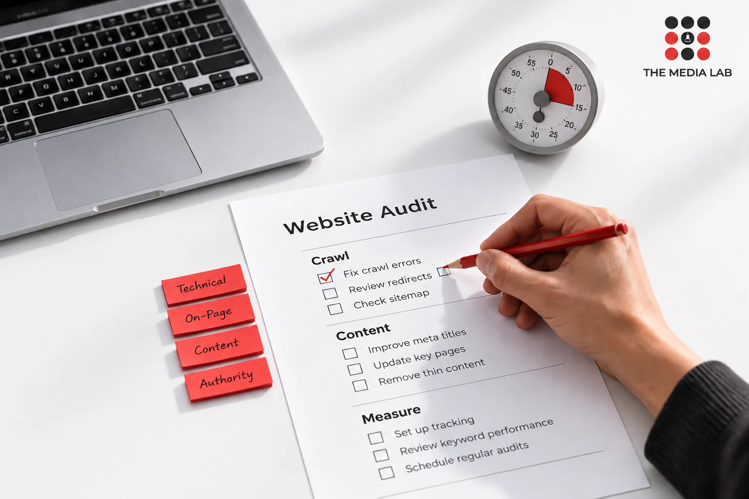 Website audit checklist with red notes illustrating SEO planning for UAE businesses by The Media Lab.