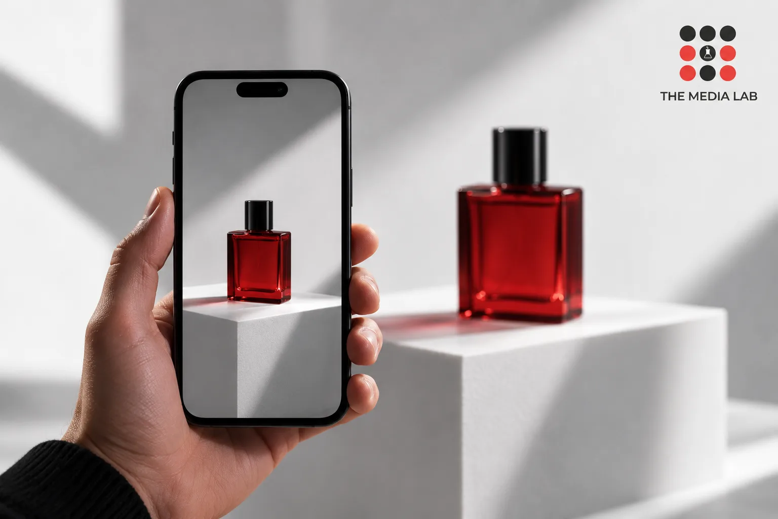 Phone filming a red fragrance bottle, illustrating mobile social content production for The Media Lab.