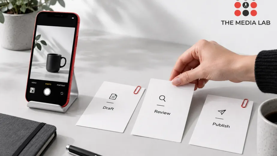 Draft, review and publish cards beside a smartphone for The Media Lab’s social media content workflow guide.