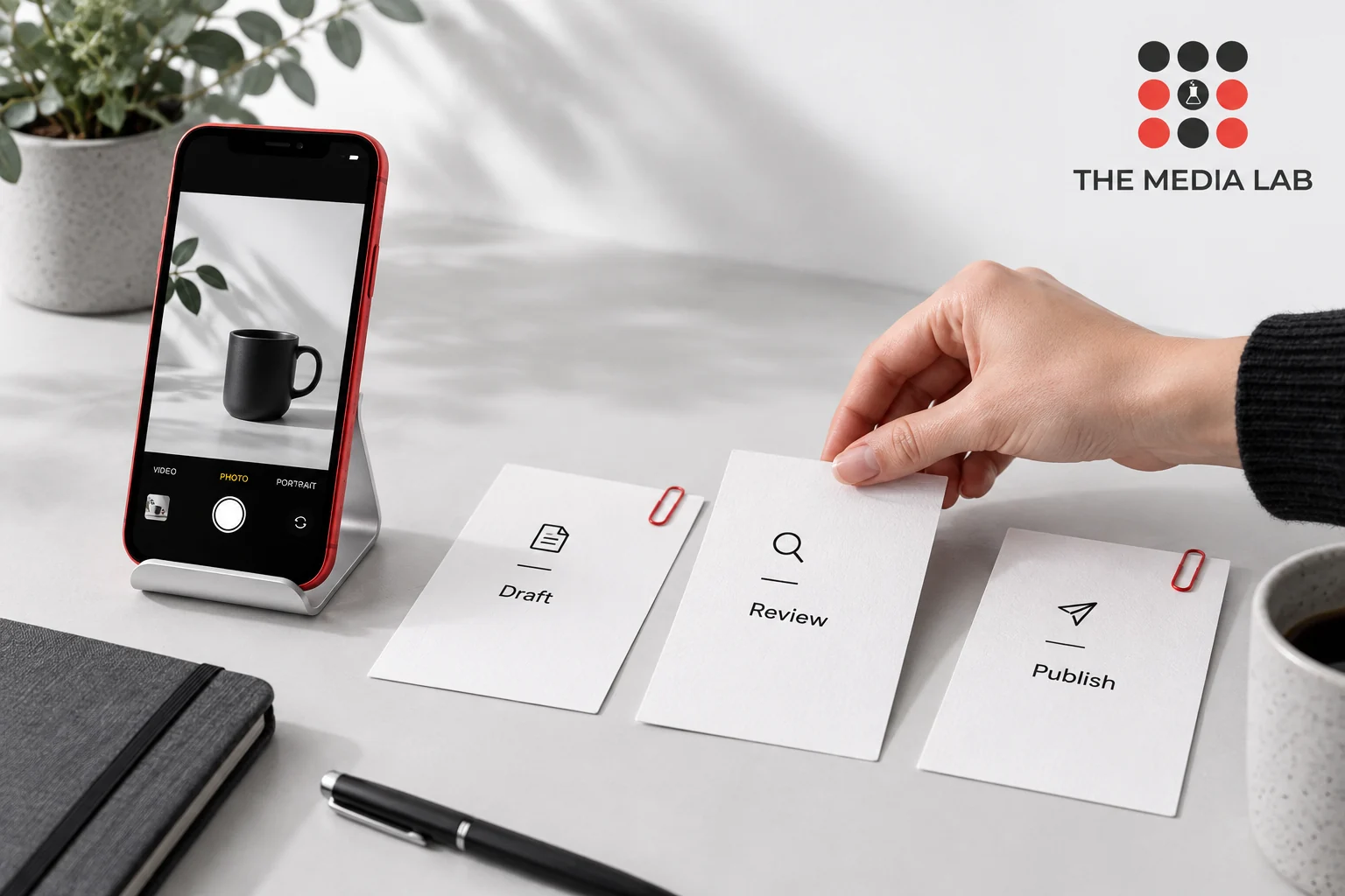 Draft, review and publish cards beside a smartphone for The Media Lab’s social media content workflow guide.
