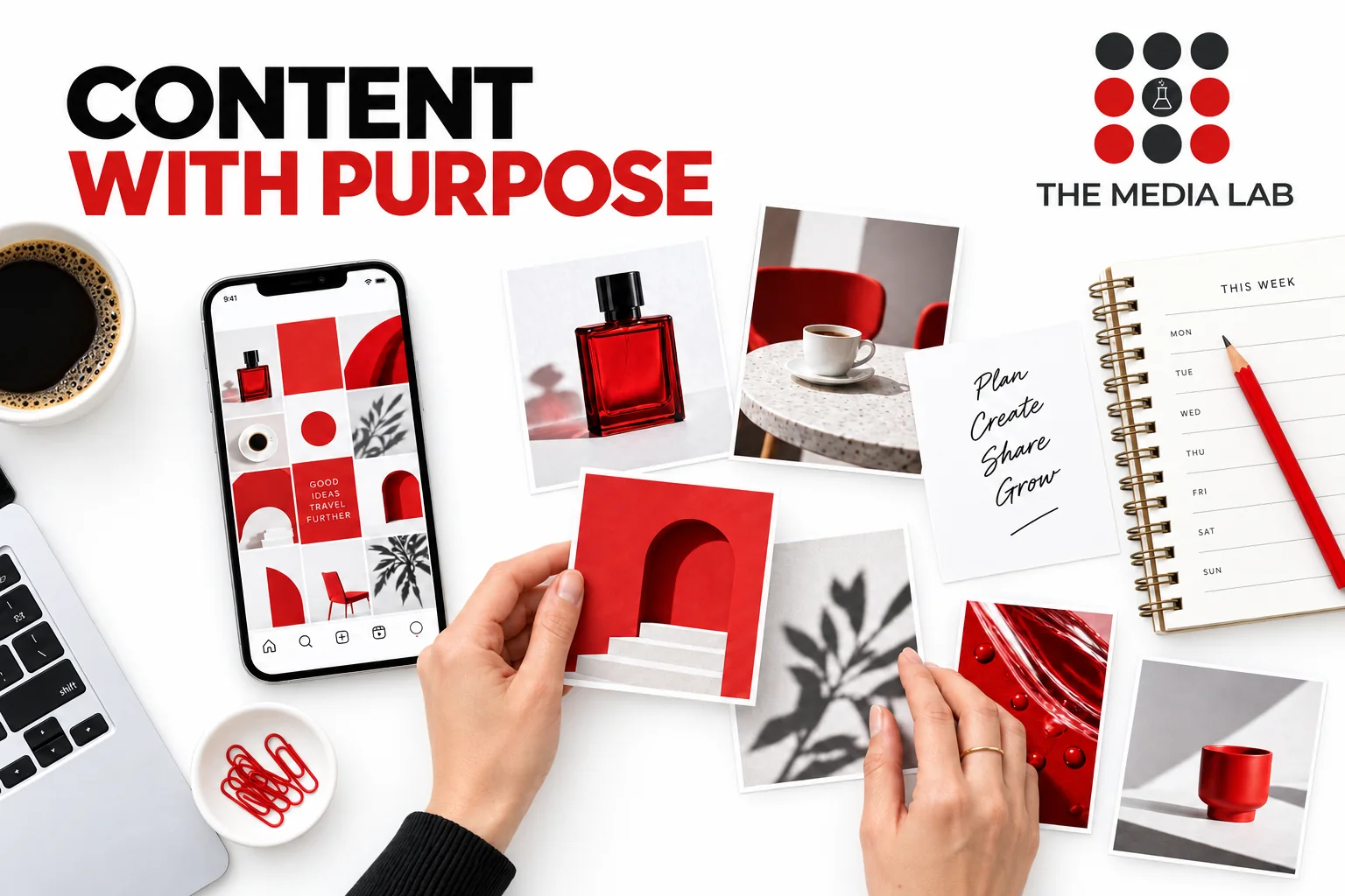 Content cards and a smartphone illustrating The Media Lab’s social media marketing planning for Dubai businesses.